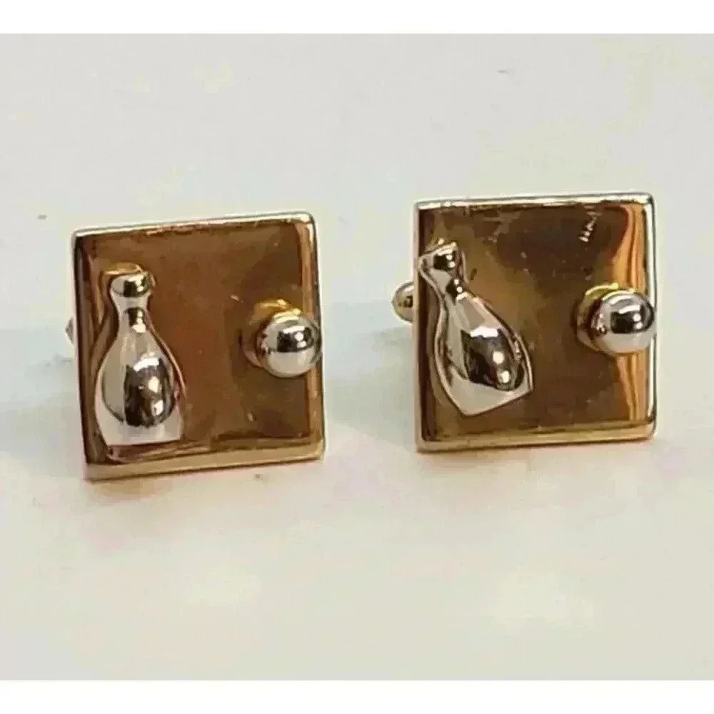 Vintage Cufflinks Bowling Ball & Pin Gold & Silver 3D Dimensional Cuff Links